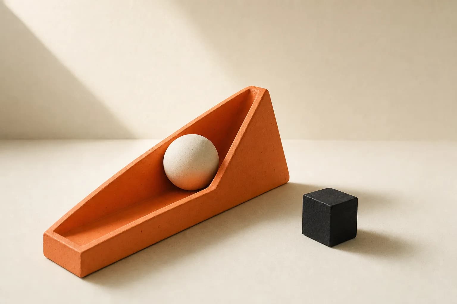 Matte ceramic still life: an ivory sphere resting in a long tangerine triangular trough, with a small black cube standing sentinel nearby