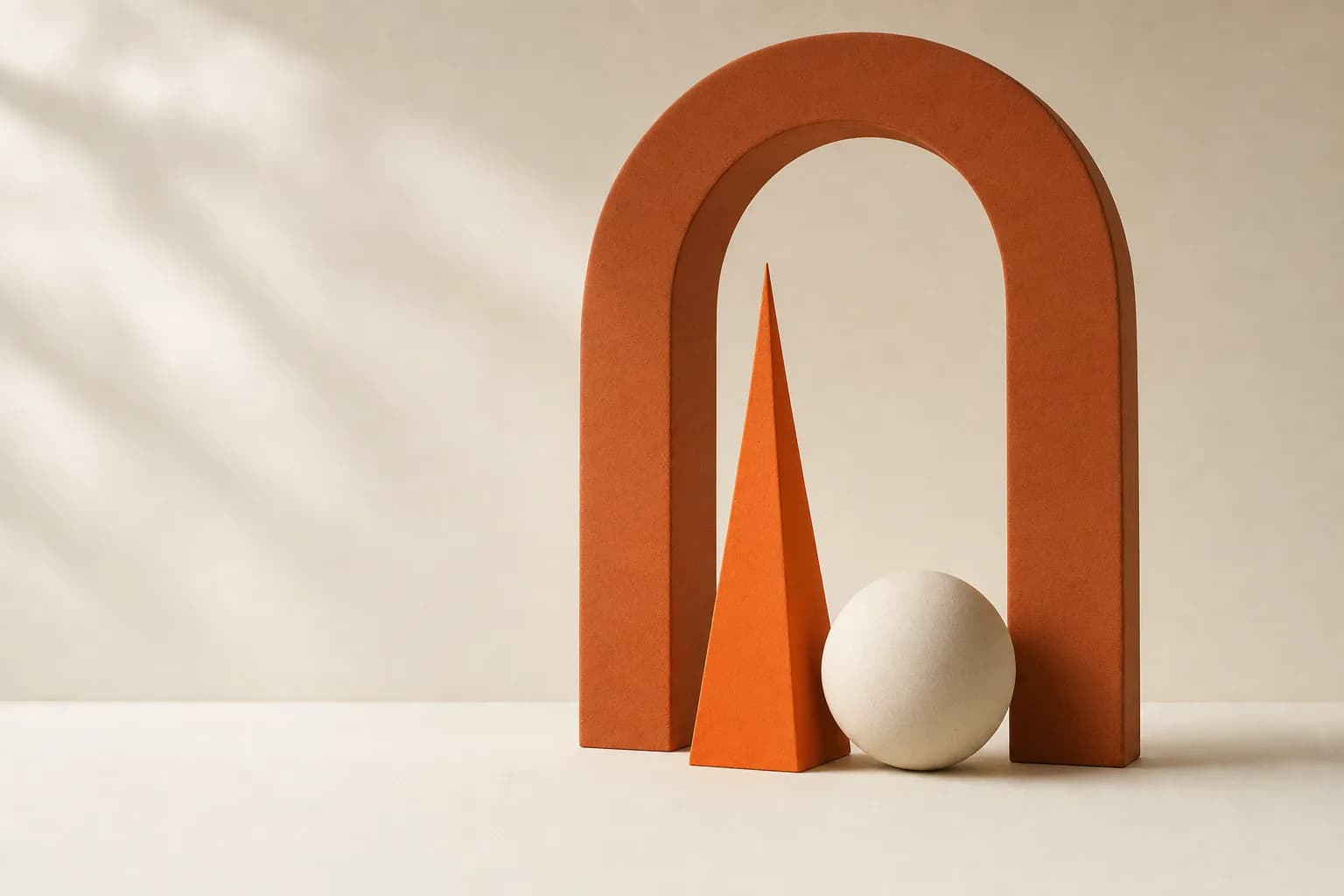 Matte ceramic still life: a tall tangerine pyramid and an ivory sphere side by side in conversation under a terracotta arch