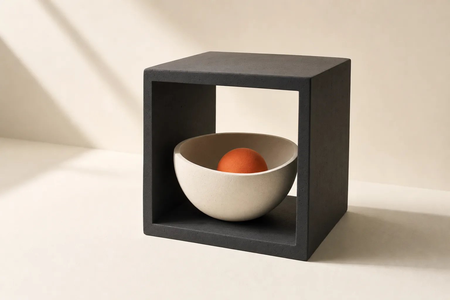 Matte ceramic still life: a tangerine sphere inside an ivory bowl, nested inside an open black cube, like rooms within rooms