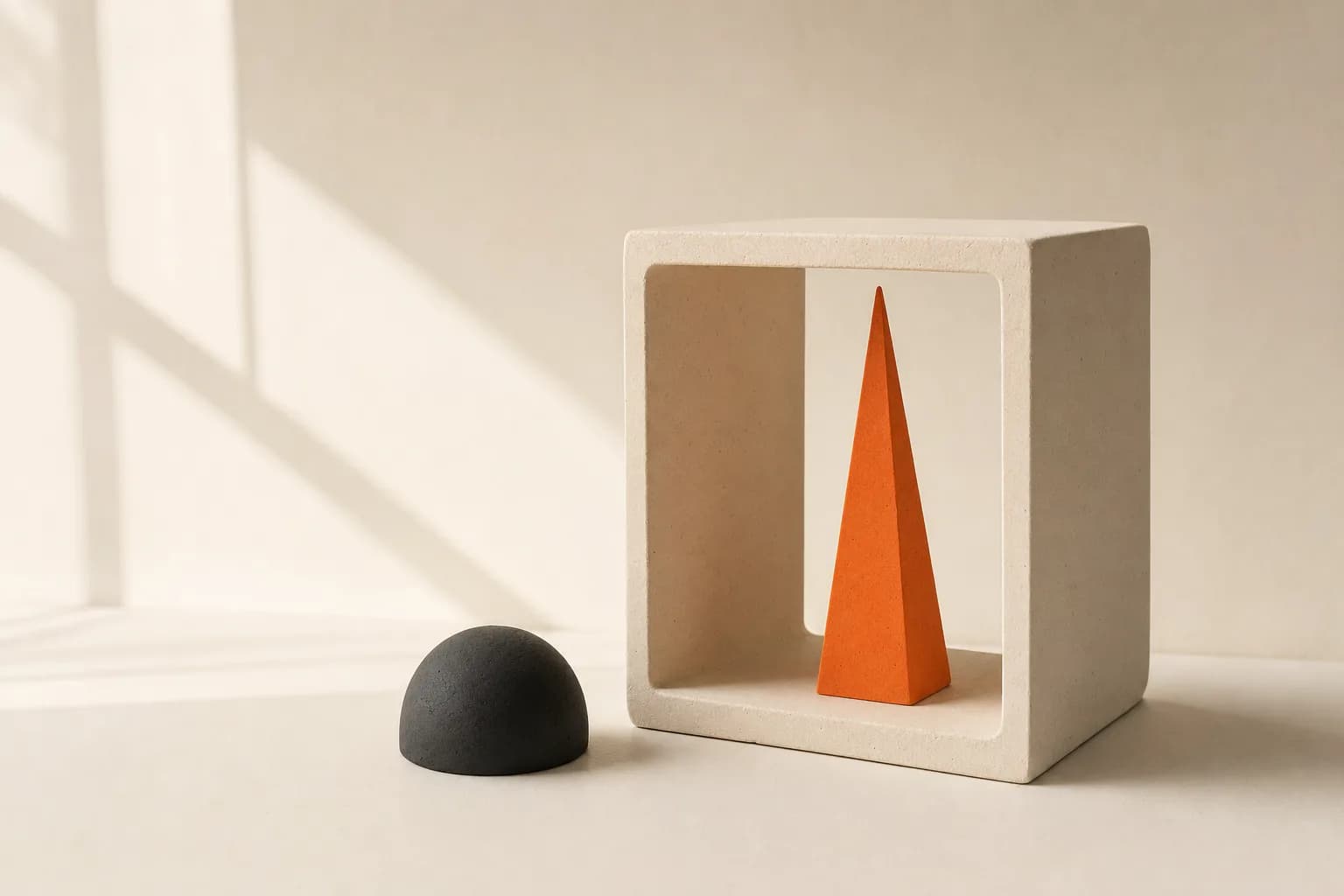 Matte ceramic still life: an ivory open cube cradling a tall tangerine pyramid, with a small black hemisphere waiting on the surface outside