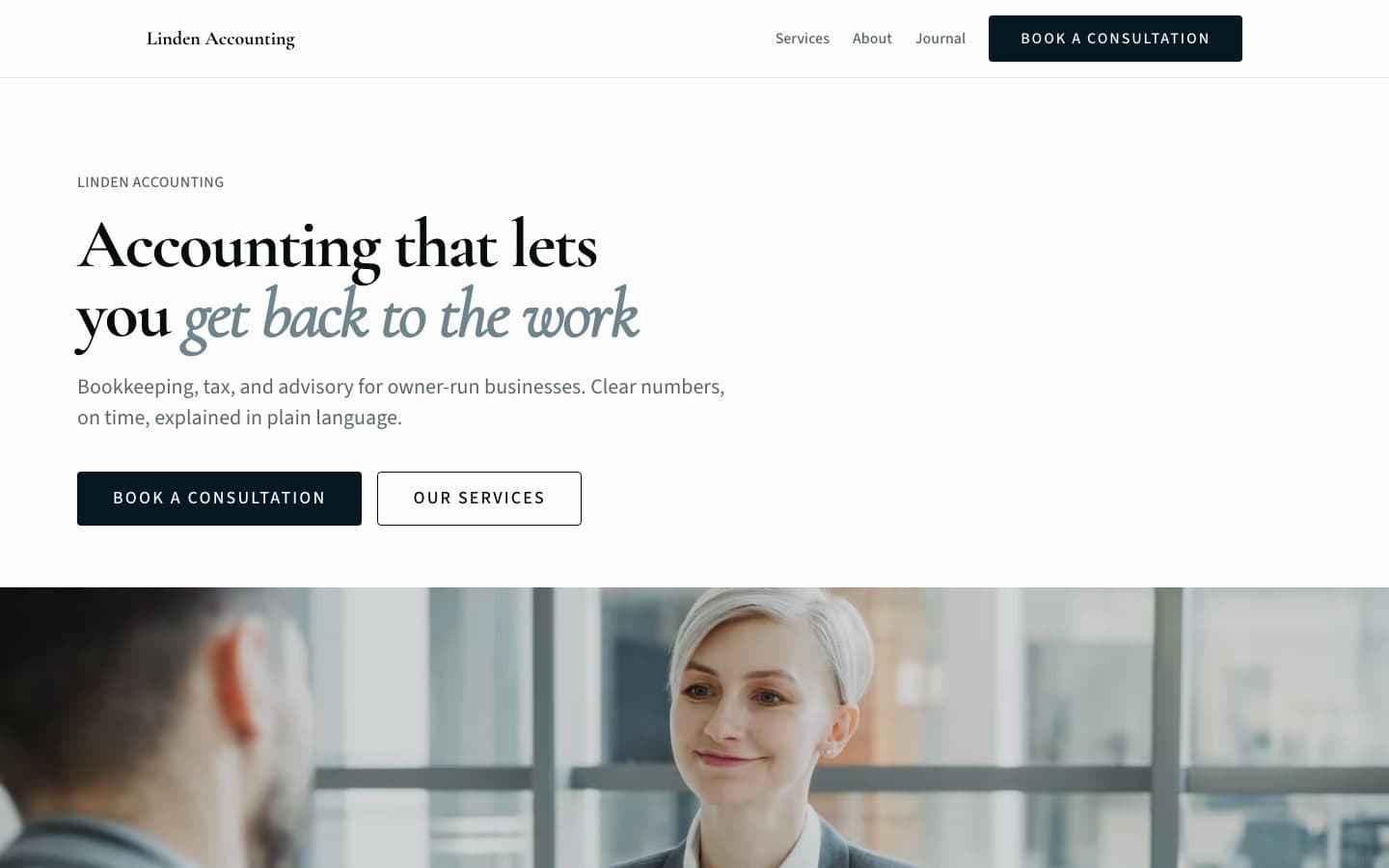 Linden, an accounting firm site — clean light layout with a serif headline and consultation buttons
