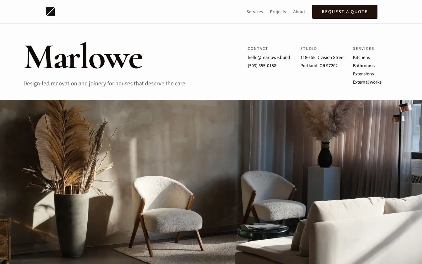 Marlowe, a renovation and joinery site — light editorial layout with a serif wordmark over an interior photo