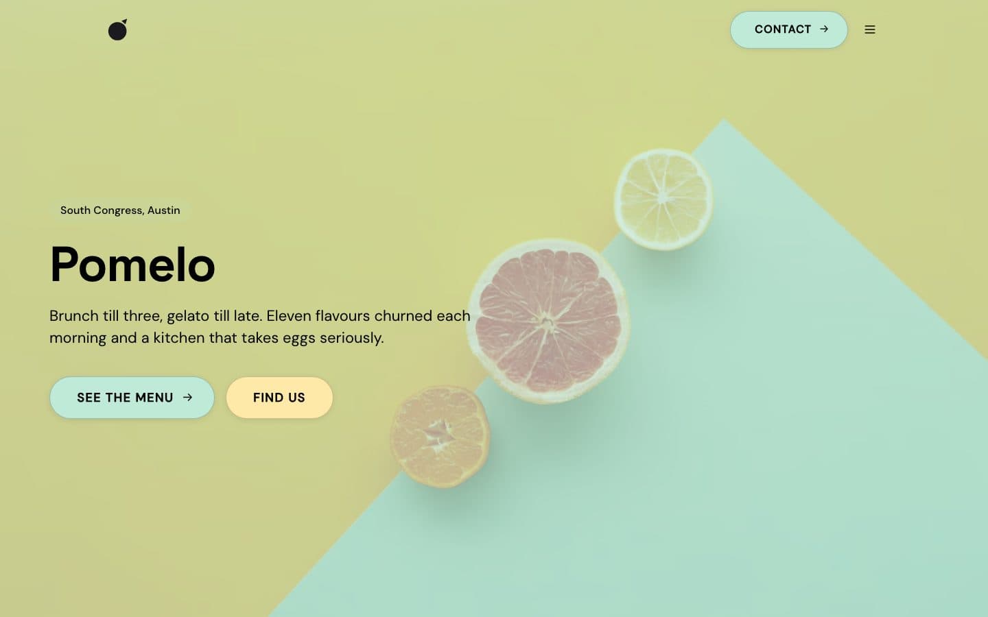 Pomelo, a brunch and gelato site — bright citrus-yellow hero with sliced fruit